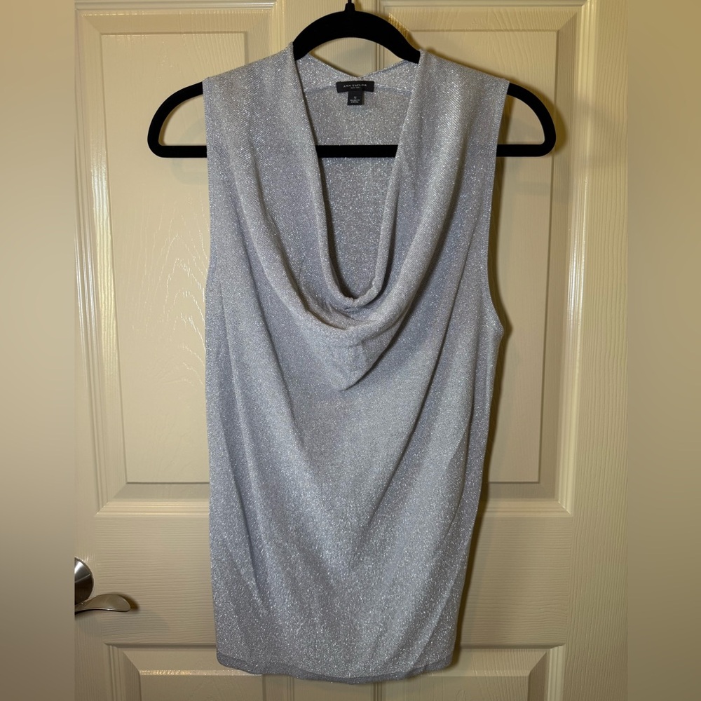 Ann Taylor Silver Shimmery Cowl Neck Sleeveless Sweater